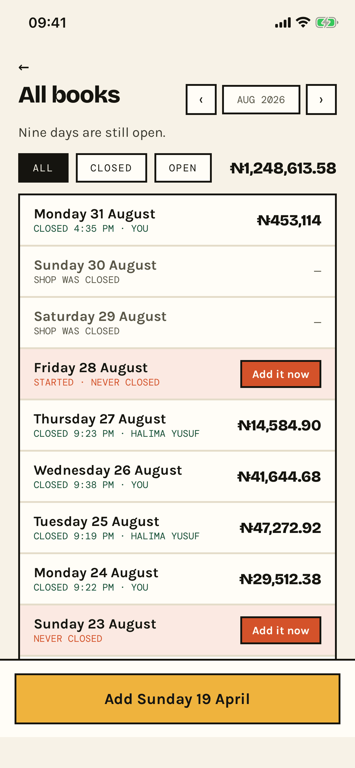 The MyKanti books list for August: every day of the month with what it took, the days the shop was closed, and the two that were started and never closed offering an “Add it now”.