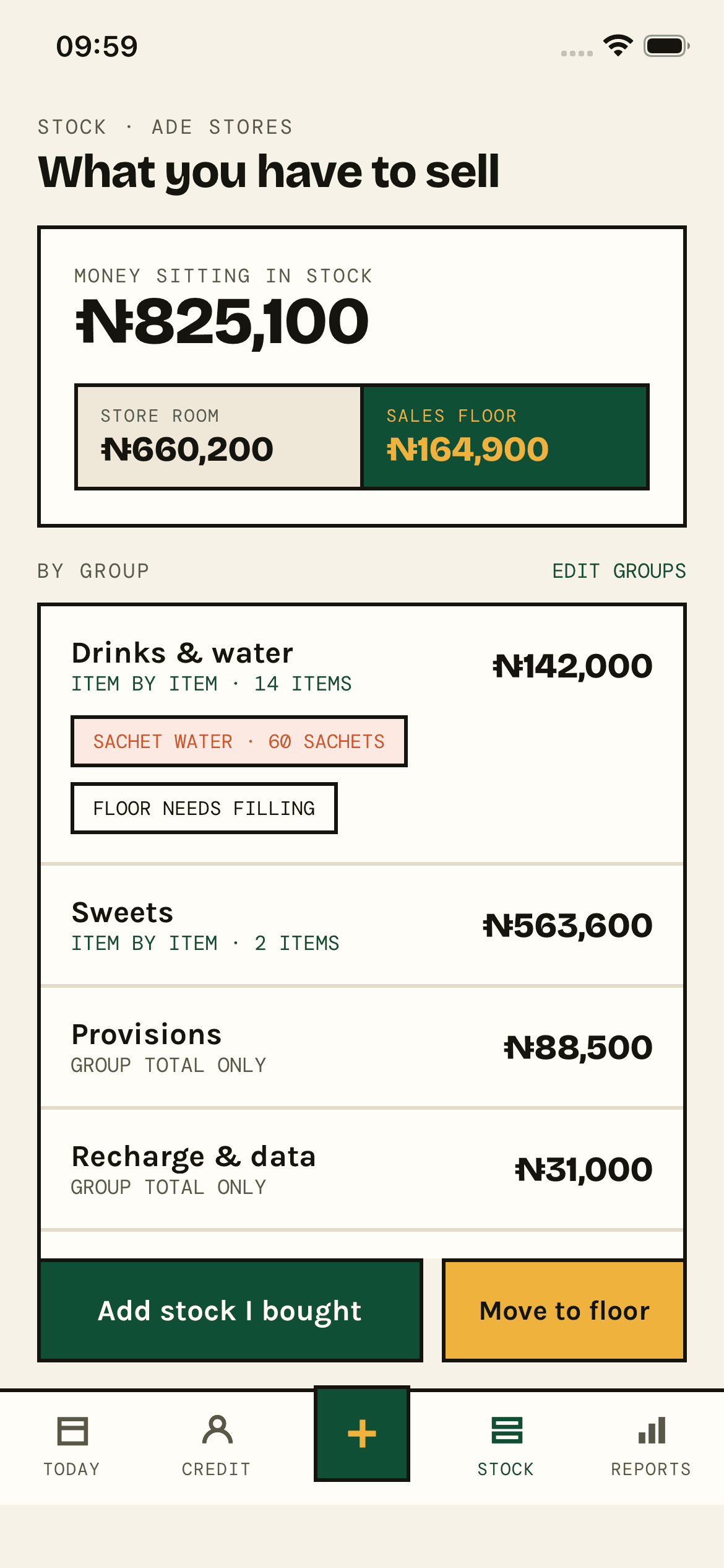 The MyKanti stock screen: ₦825,100 sitting in stock, split between ₦660,200 in the store room and ₦164,900 on the sales floor, then broken down by group with a low-stock warning on sachet water.