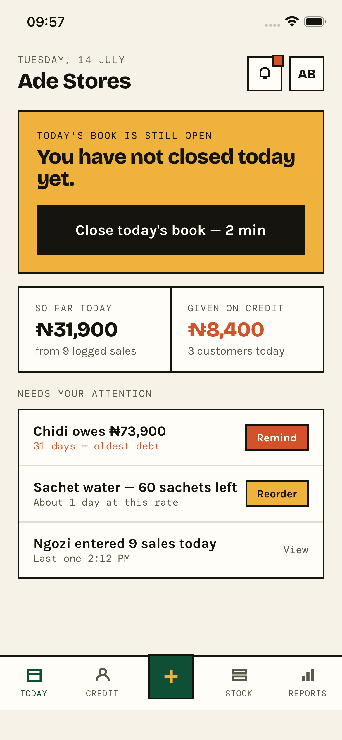 The MyKanti today screen: Ade Stores has not closed today's book yet, with ₦31,900 taken so far from 9 logged sales, ₦8,400 given on credit, and a list of things needing attention.