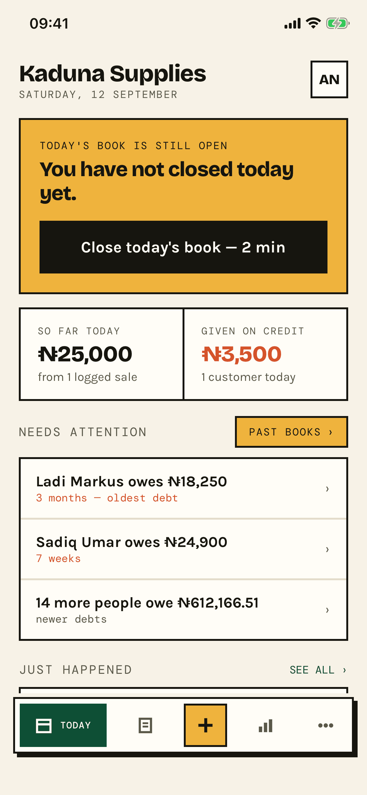 The MyKanti today screen: Kaduna Supplies has not closed today's book yet, with ₦25,000 taken so far from one logged sale, ₦3,500 given on credit, and a list of what needs attention.